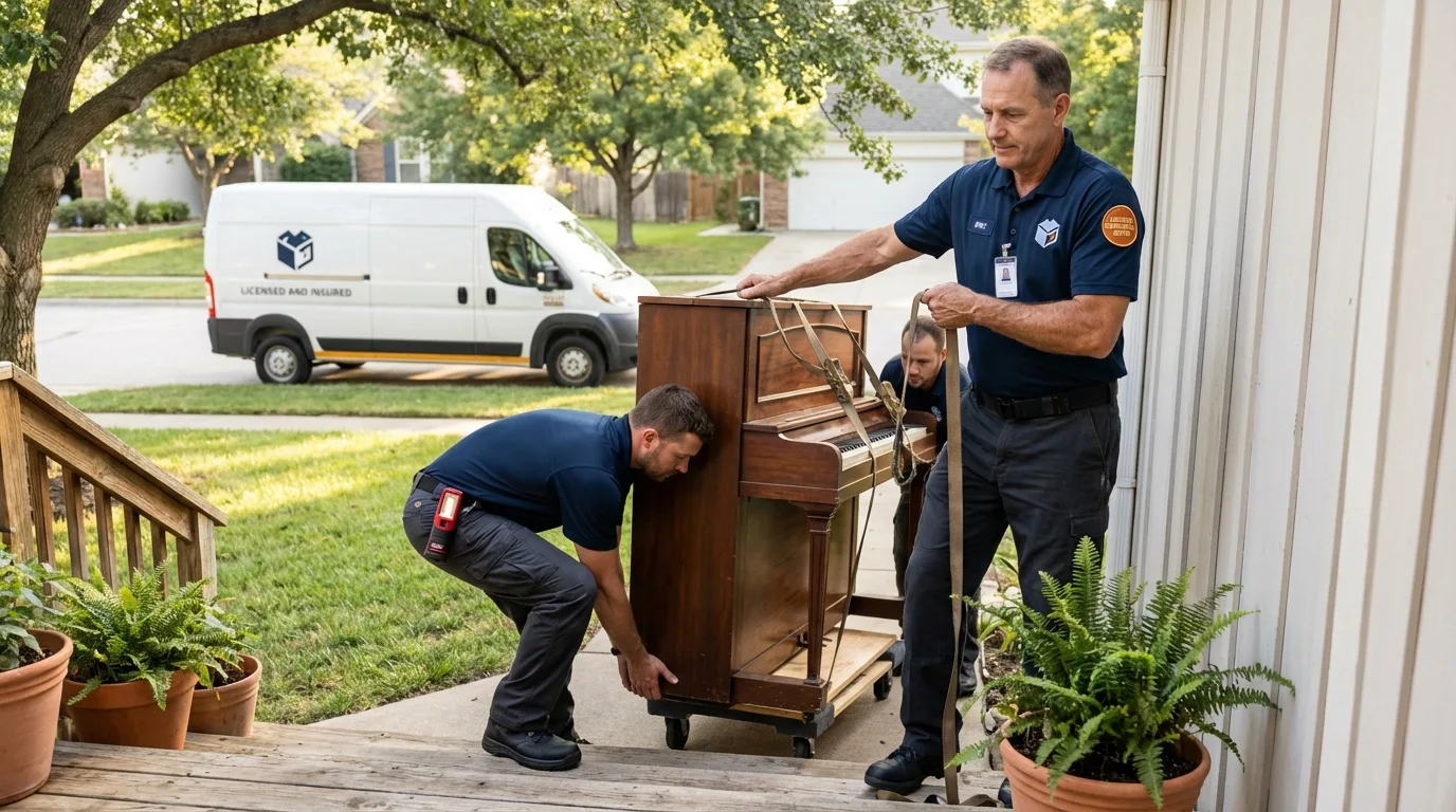 Licensed piano movers securing grand piano in Siler City, NC