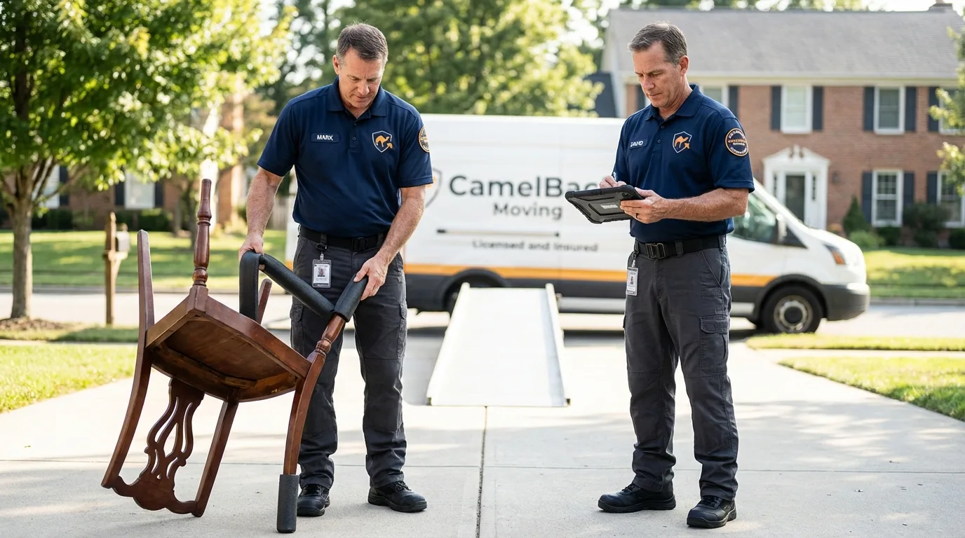 Movers inspecting furniture for damage prevention before loading in Siler City, NC