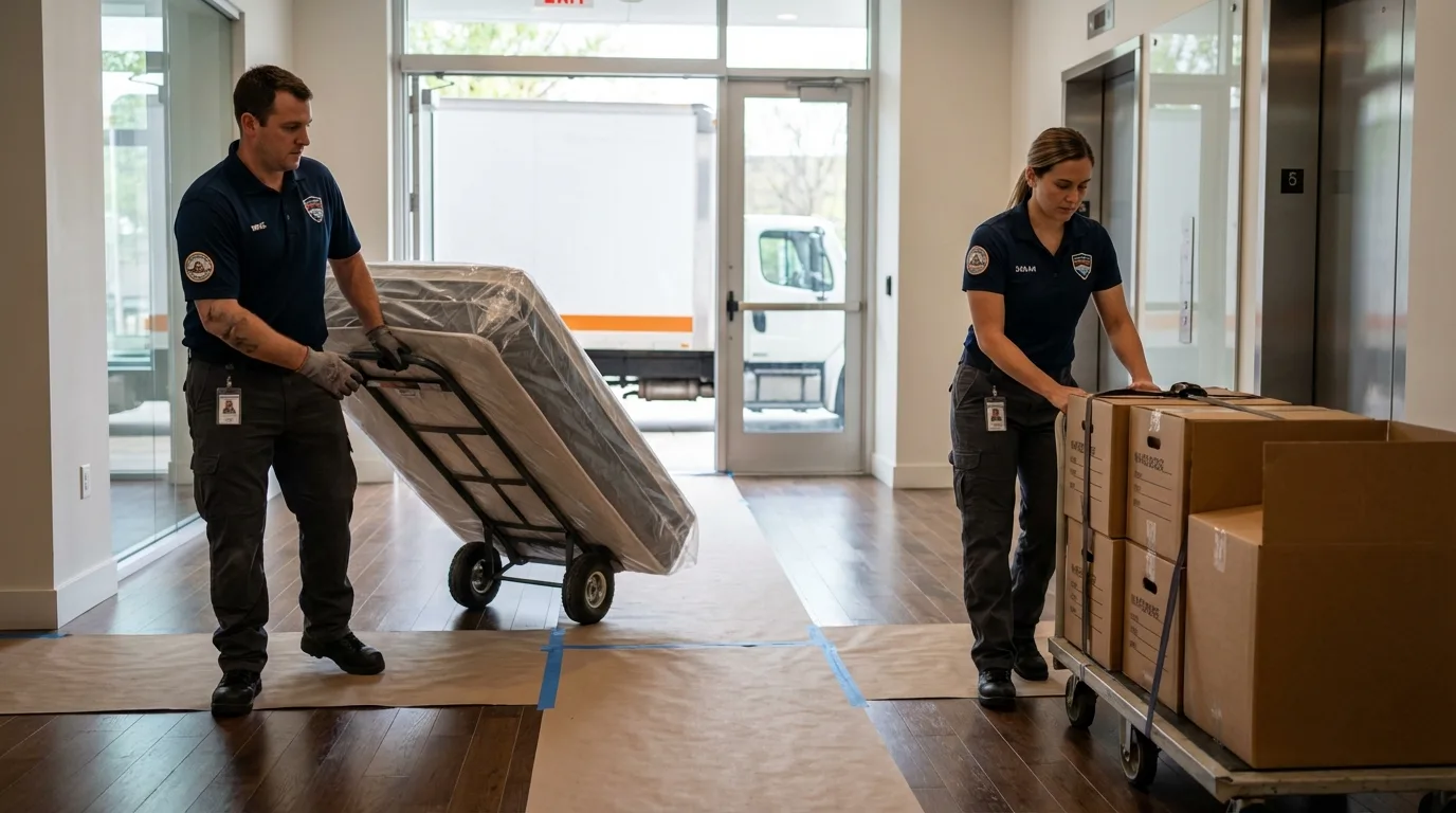 Professional apartment movers loading elevator in Siler City, NC